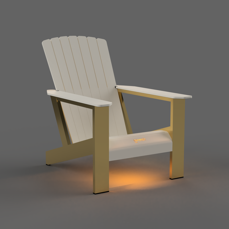 Modern Muskoka Tundra chair with Brass legs and lit WRMTH logo with lighting underneath